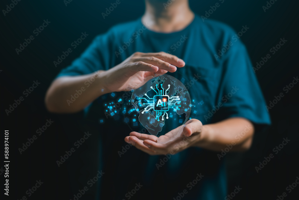 Poster global business, artificial intelligence, business intelligence concept. businessman hand holding gl