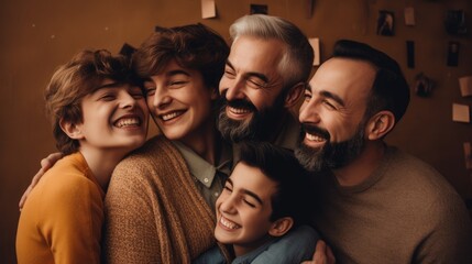 Obraz premium An image of a loving LGBT family, with two gay parents and their adopted children, smiling and embracing each other, against a warm and welcoming background. Generative AI