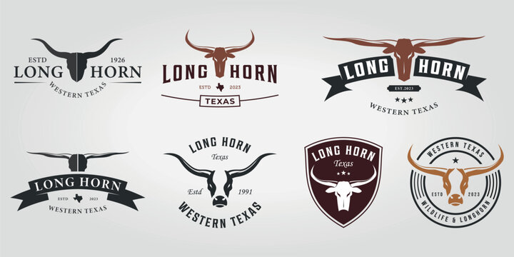 set bundle longhorn western logo icon vintage vector illustration design, bundle of cow longhorn cowboy vintage skull