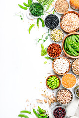 Legumes and beans set in jars. Dried, raw and fresh. Lentils, chickpeas, mung beans, soybeans, edamame, peas. Healthy diet food, vegan protein, micronutrients and fiber sources