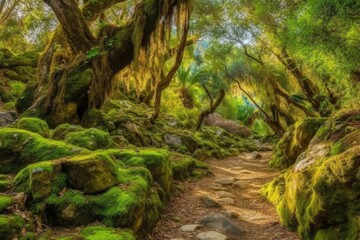 Obraz premium a path through a dense forest that is built of stones. Generative AI