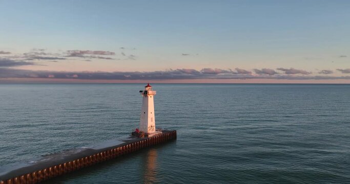 Early winter morning aerial video of Sodus Point Lighthouse, Sodus, New York.