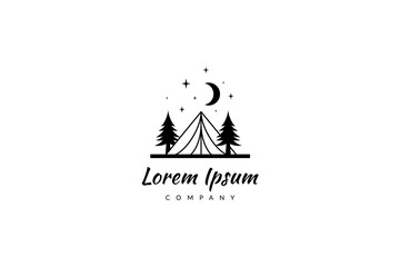 camping tent logo at night decorated with moon and shining stars with pine trees around - obrazy, fototapety, plakaty