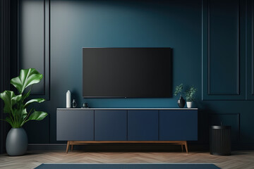 Television put on wood table tv stand on foreground in minimal interior room background white wall, AI Generative