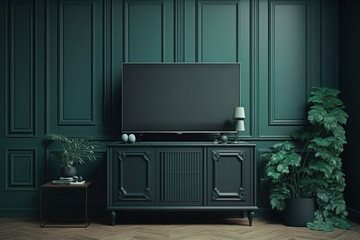 Television put on wood table tv stand on foreground in minimal interior room background white wall, AI Generative