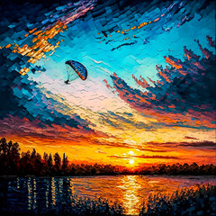 Fototapeta na wymiar Hot Air Balloon Flies In The Sky Sunset Vivid Abstract Oil Painting, Generative AI