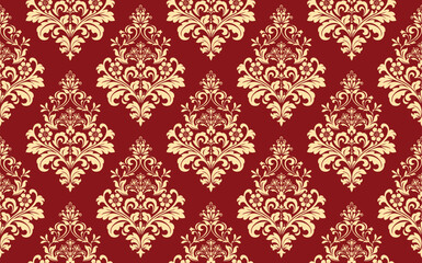 Wallpaper in the style of Baroque. Seamless vector background. Gold and red floral ornament. Graphic pattern for fabric, wallpaper, packaging. Ornate Damask flower ornament