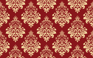 Wallpaper in the style of Baroque. Seamless vector background. Gold and red floral ornament. Graphic pattern for fabric, wallpaper, packaging. Ornate Damask flower ornament