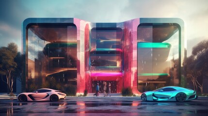 Ultimate Luxury Bionic House Showcases Colorful Supercars: An Imposing Steel Marvel Perfectly Complements the Winter Night Street Traffic, Generative AI