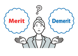 Merit / Demerit：メリットとデメリットを比べて悩む若いビジネスウーマン