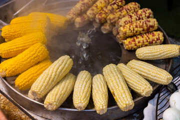 Steamed of different corn sell in street market