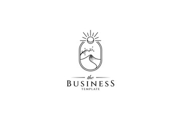 mountain landscape bohemian logo with tree branches, sun and moon decoration in minimalistic line frame