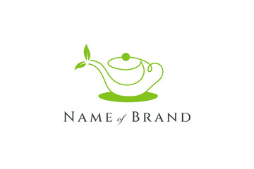 Fototapeta na wymiar teapot logo with leaves in green line art design style