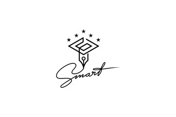 graduation cap logo with smart writing pen combination with star on it