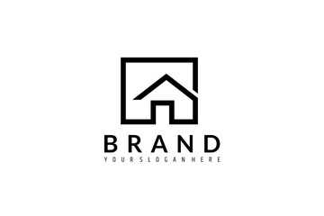 simple house logo in a box frame with one line design concept