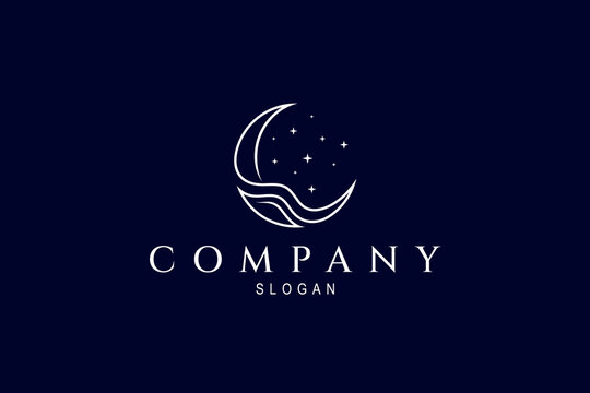 beautiful crescent moon logo decorated with sparkling stars in one continuous line design concept
