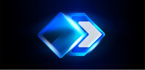 Blue neon speed arrow and line shapes background. Hi-tech concept with shiny backdrop. Bright flare light effect in the dark