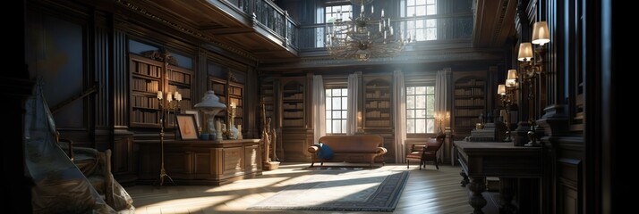 Ancient stately home interior with a beautiful library and club sofas, generative AI