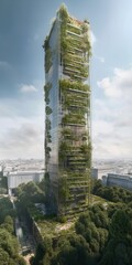 Fototapeta na wymiar Futuristic sustainable skyscraper with vegetation, generative ai