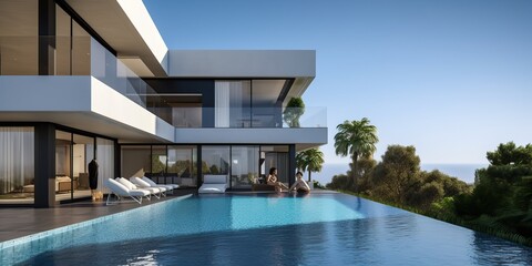 Fototapeta premium Luxury stone classic updated villa with swimming pool and garden, generative ai