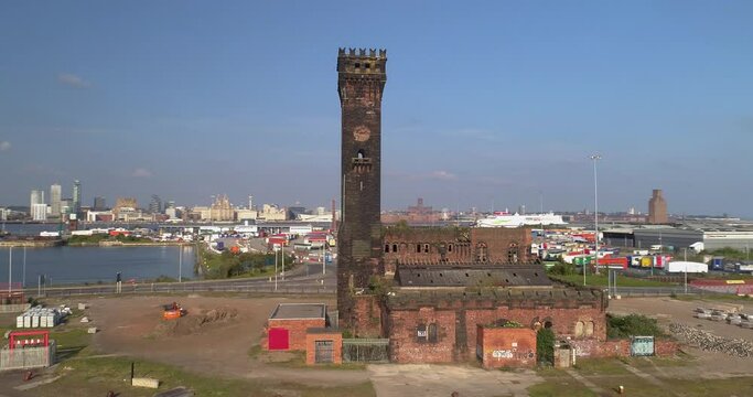 Central Hydraulic Tower aerial orbital shot in The Wirral, Liverpool