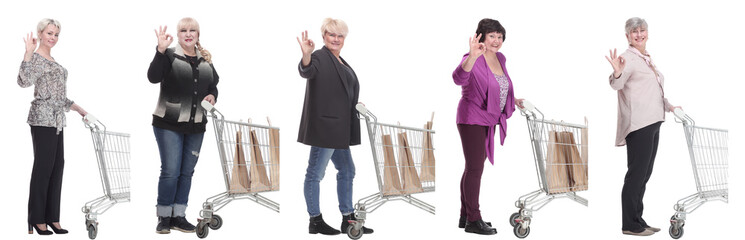 group of people in profile with shopping cart isolated