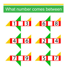 What number comes between? Math worksheets for kids. Vector illustration