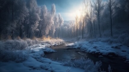 a winter landscape covered in snow with glowing light