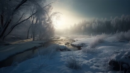 a winter landscape covered in snow with glowing light