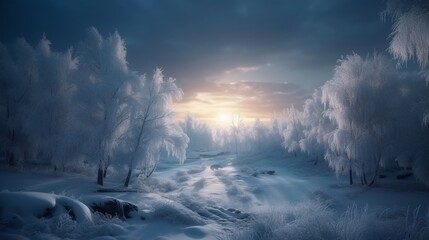 a winter landscape covered in snow with glowing light