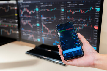 Financial chart with up trend line graph. Wealth management with risk diversification. Concept of success in online trading. Mobile app.