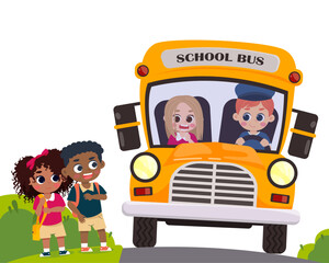 happy cute kids go to school by yellow bus