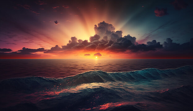 A sunset over the ocean with the sun shining down on the horizon. Generative AI