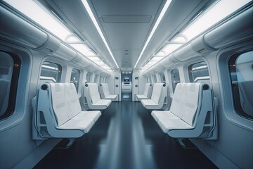 Obraz premium Futuristic Train interior inside view. Futuristic train interior with empty seats. Generative Ai.