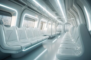 Futuristic Train interior inside view. Futuristic train interior with empty seats. Generative Ai.