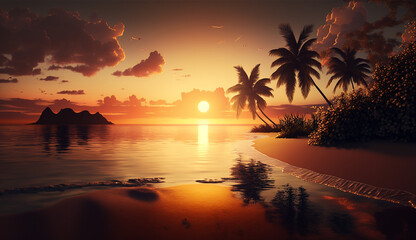 Fototapeta na wymiar Sunset on the beach with palm trees and a sunset. Generative AI