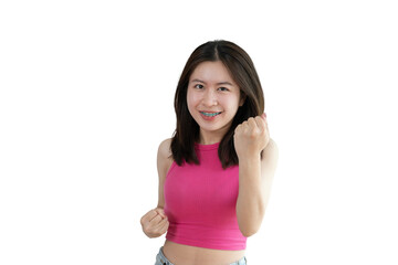 Fototapeta na wymiar Asian woman posing extremely happy to win, Successful, Show extreme happiness, Very happy, yes, Lonely woman on PNG file.