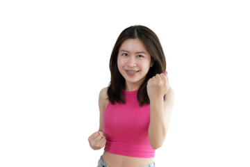 Asian woman posing extremely happy to win, Successful, Show extreme happiness, Very happy, yes, Lonely woman on PNG file.