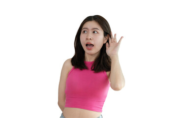 Asian woman eavesdropping or overhearing secret conversation isolated on background, Gossip, Listening, Background studio portrait, PNG file.