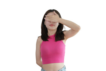 Asian women covering their eyes with their hands means not acknowledging or pretending not to see,...