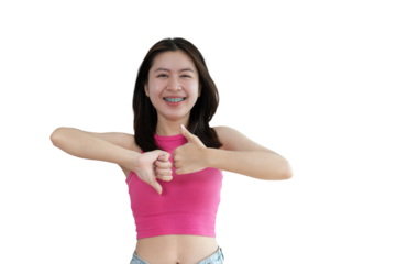 Thumbs up and thumbs down, Young woman doing hand sign thumbs up and thumbs down, Pros and cons, Success and failure, Right and wrong.