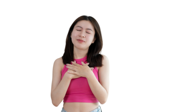 Woman smiling happily isolated on png file background, Woman loves and rejoices herself, Contented, Pure love, Love myself, Proud of yourself, Self-made happiness, Painting Therapy with a smile.