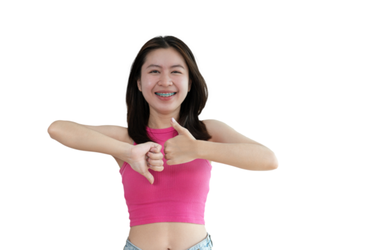 Thumbs up and thumbs down, Young woman doing hand sign thumbs up and thumbs down, Pros and cons, Success and failure, Right and wrong.