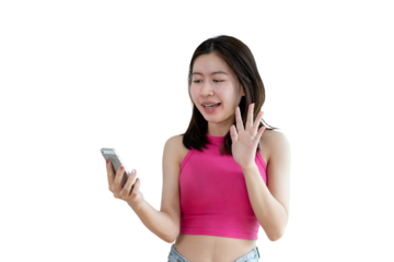 Waving hand in hi, Asian woman smiling friendly greeting, Hello,nice to meet you,say hi, Say hi and greet you, Welcome new people Join a multicultural team, Goodbye, Isolated on PNG file.