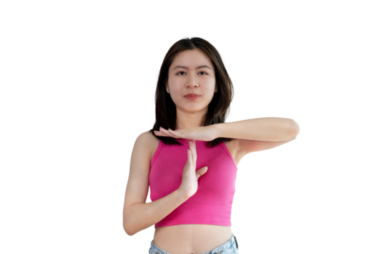Woman makes a T hand sign indicating a request for a time-out or a temporary break, Made a serious tired face and asked to rest for a moment, Make a t-shaped symbol to show halftime and break time.