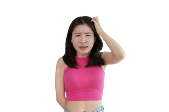 Woman is confused or numb with a question or subject that she doesn't understand, Have doubtsnumb, Woman doing dumbfounded expression isolated on png file, stupid, Silly.