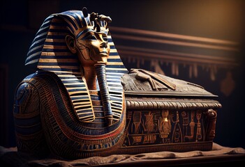 Ancient Egyptian sarcophagus with a mummy in a pyramid. AI-generated. Generative AI - obrazy, fototapety, plakaty
