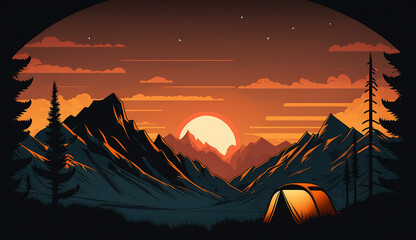sunset cartoon style illustration with camping tent . Generative AI