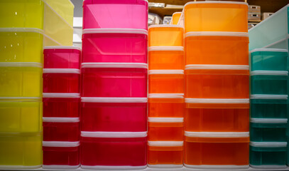 Rows of multi-colored storage bin totes in a retail store shelving space.