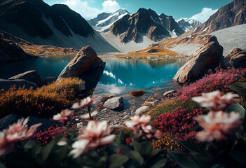 beautiful mountain landscape with clear water and flowers. Generative AI